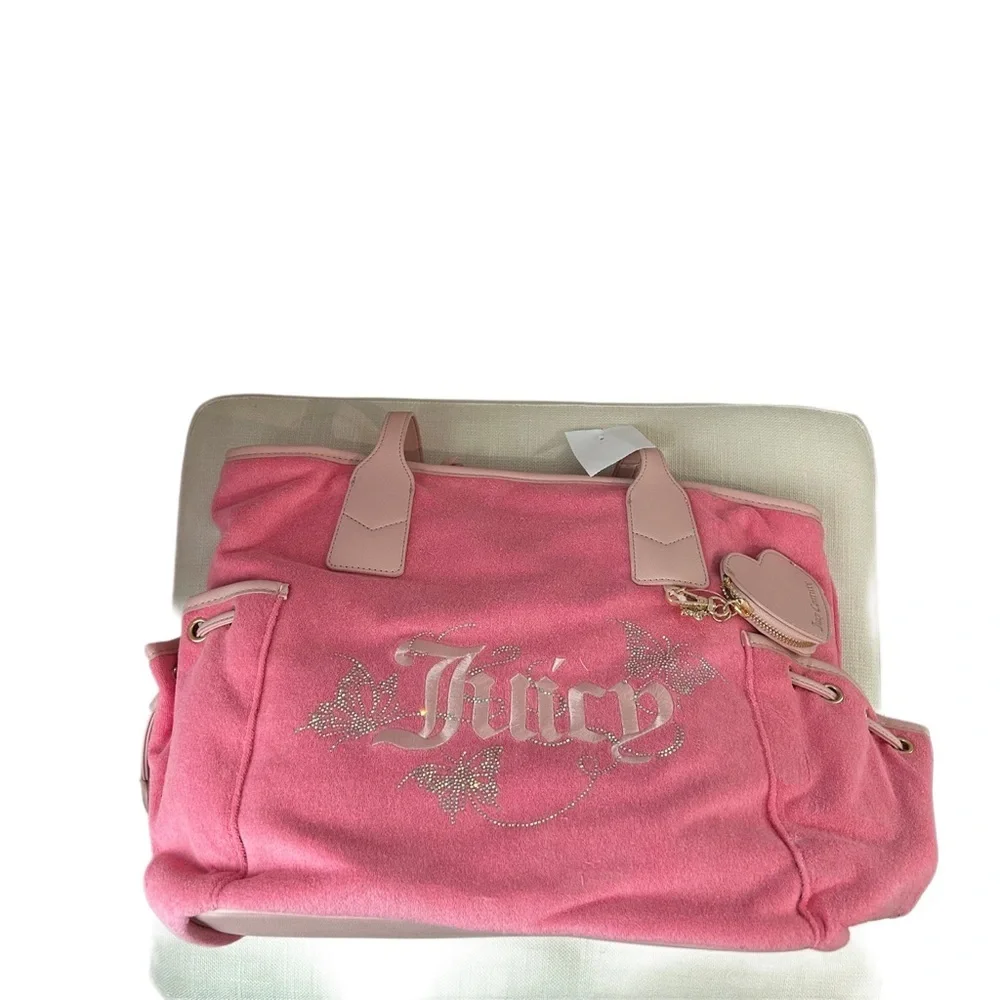NWT Juicy Couture Pink Velour Tote Bag with Heart Pouch & Rhinestones